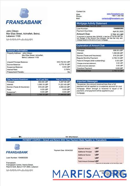 Realistic Lebanon Fransabank mortgage statement Word and PDF template
